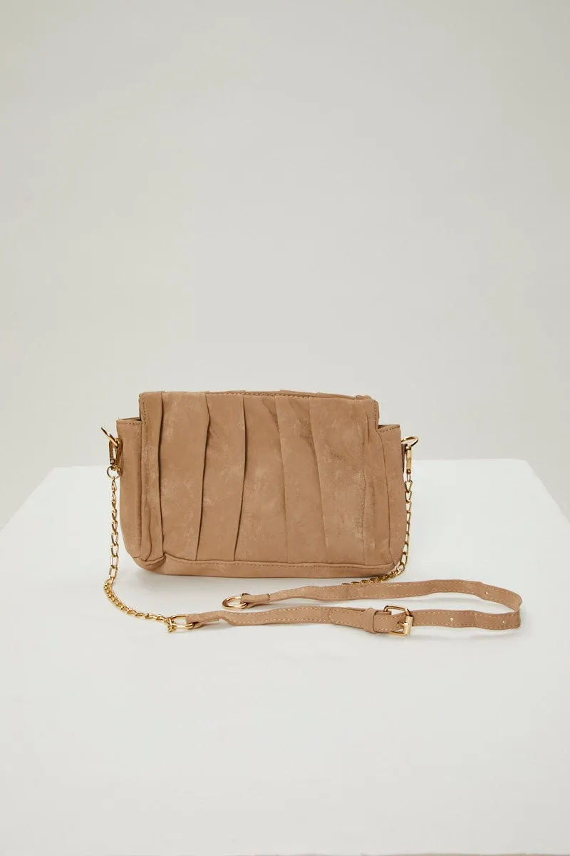 Beige Pleated Front Chain Strap Handbag