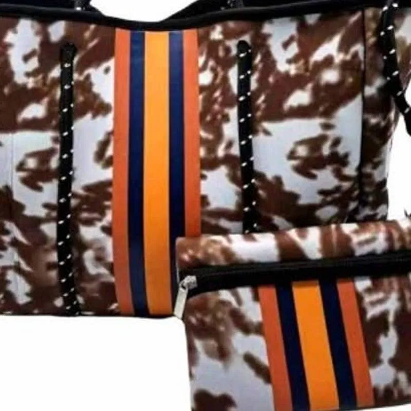 Brown Cow Print with Orange Stripes Neoprene Black Accents Tote Bag With Pouch