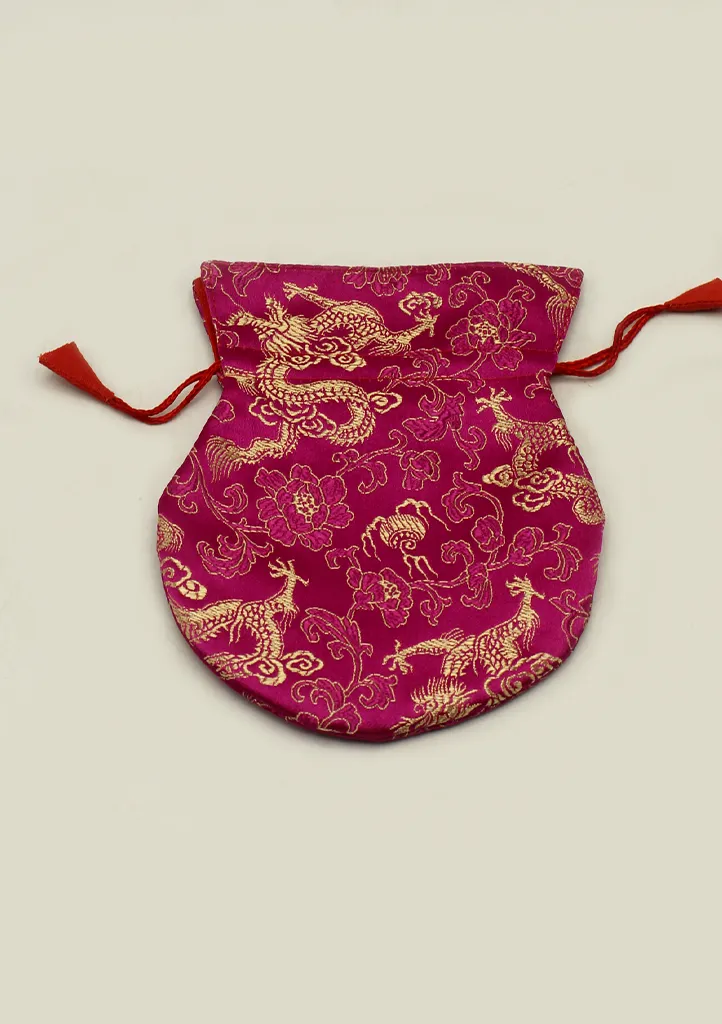 Hongkong Silk Drawstring Pouch with Floral Motifs, Jewelry Pouch