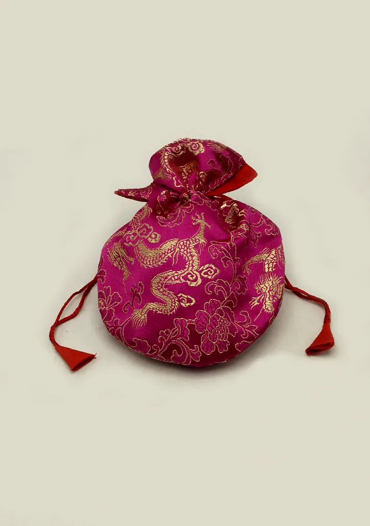 Hongkong Silk Drawstring Pouch with Floral Motifs, Jewelry Pouch