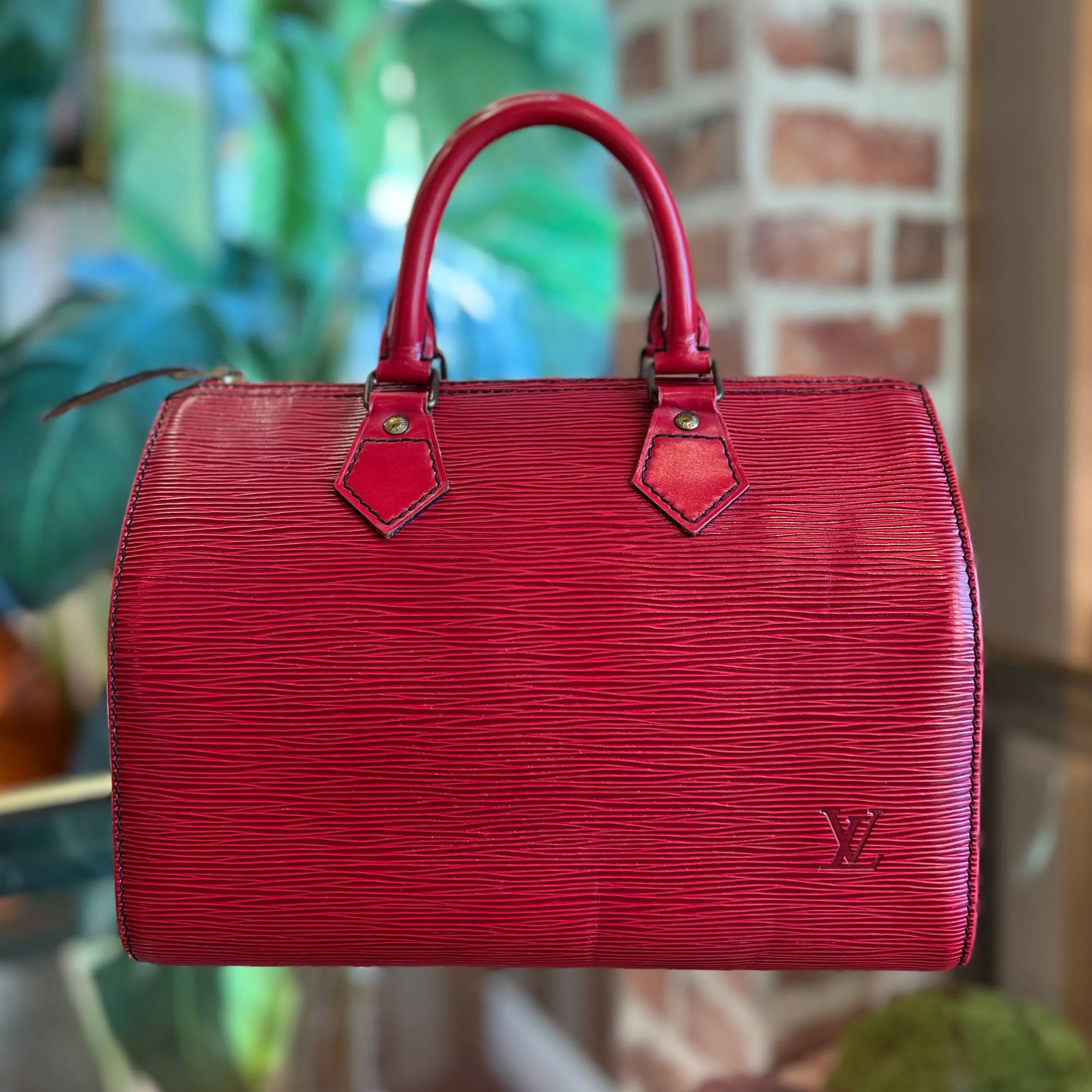 LOUIS VUITTON Speedy 25 Red Epi Leather Satchel Bag Castillan TS3849