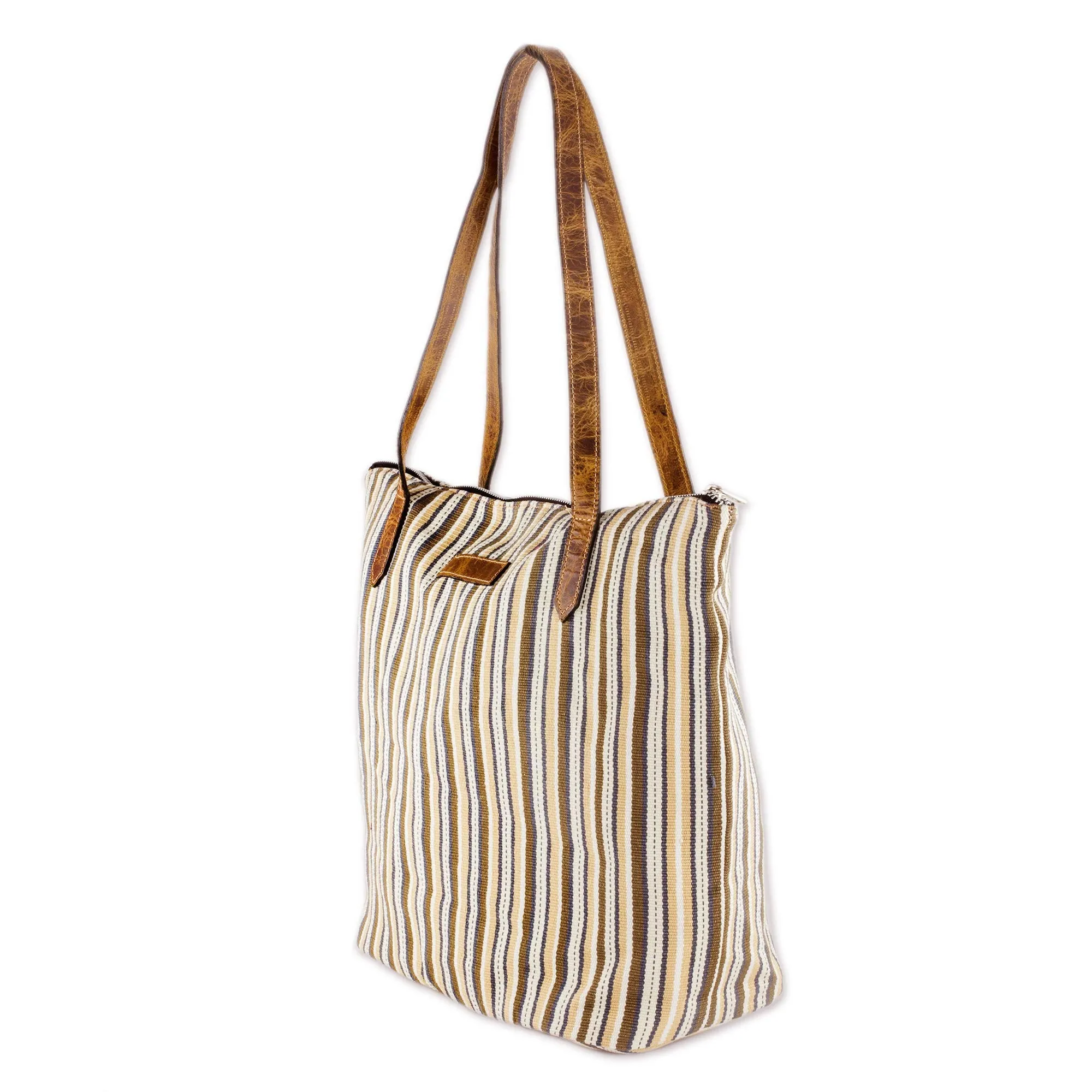 Modern Cafe Cream and Brown Striped Hand Woven Cotton Tote Bag