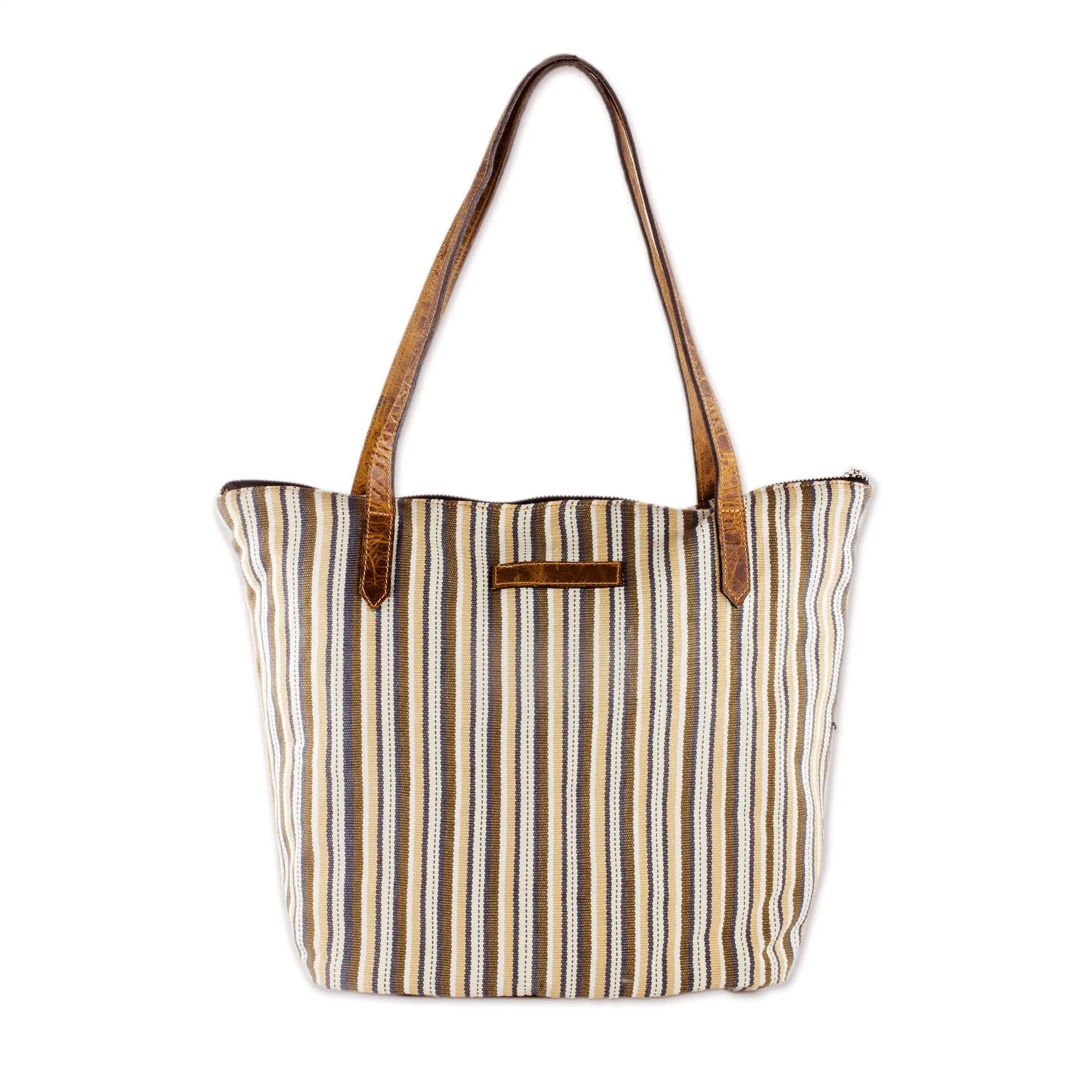 Modern Cafe Cream and Brown Striped Hand Woven Cotton Tote Bag