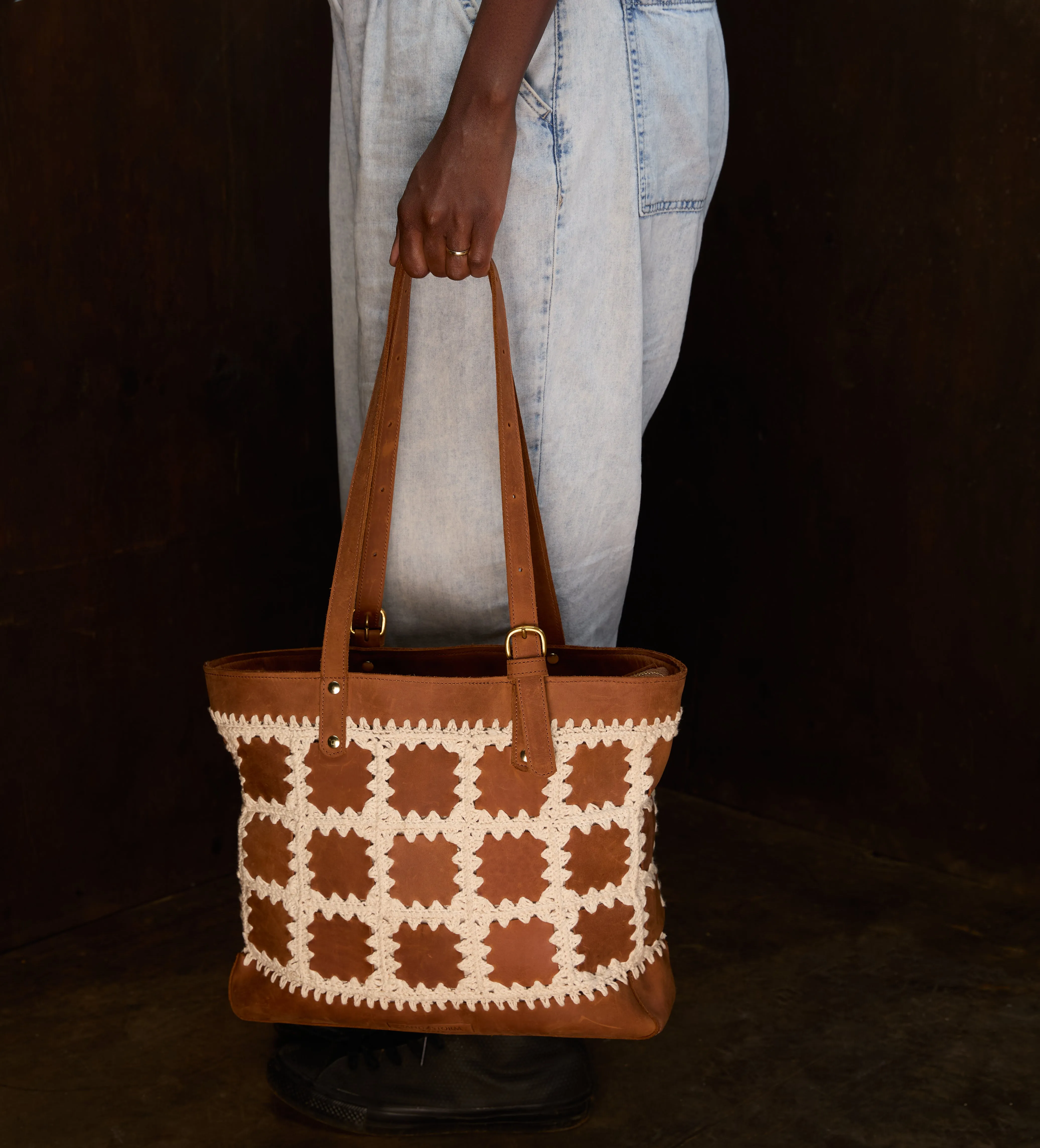 Pull-up Leather Crochet Patched tote