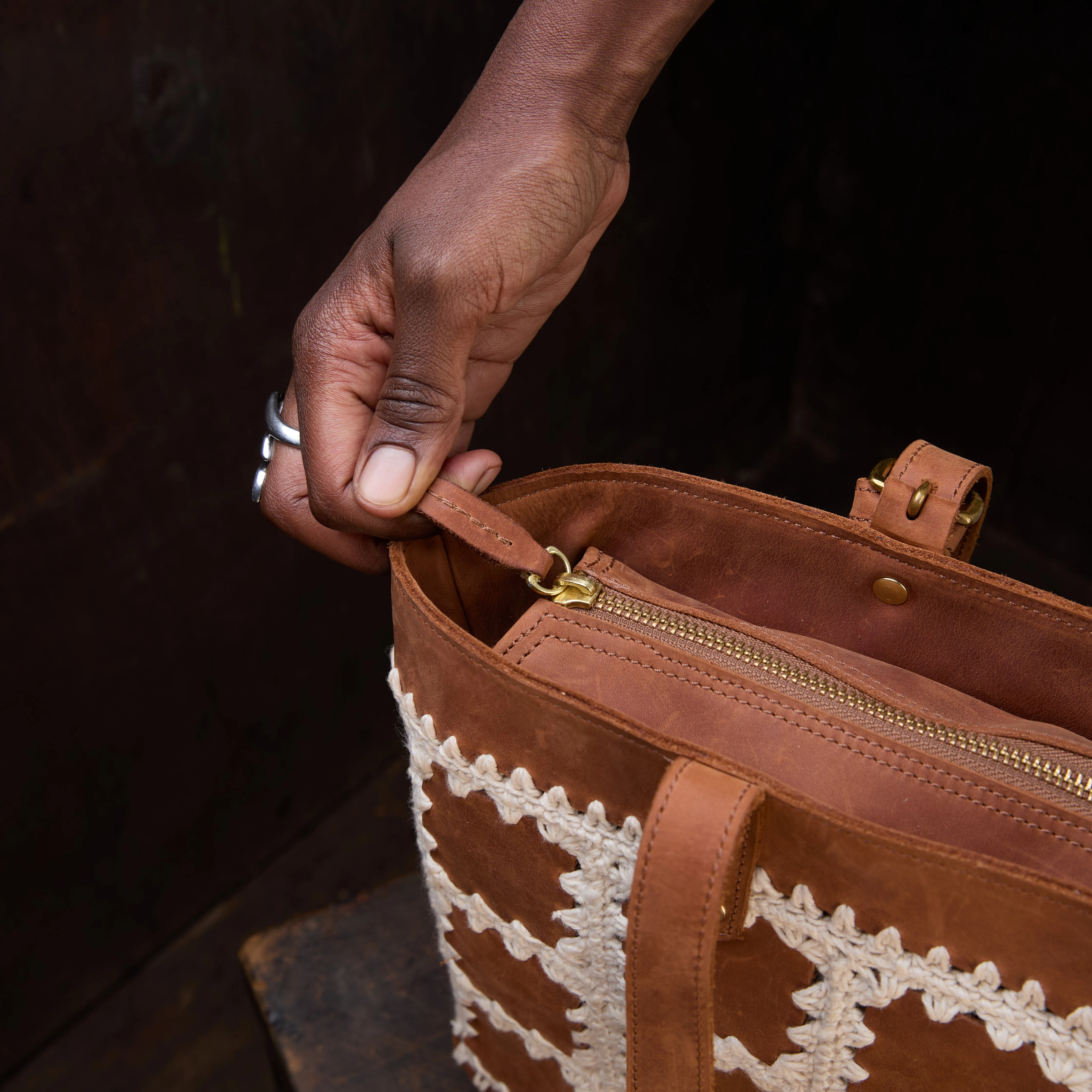 Pull-up Leather Crochet Patched tote