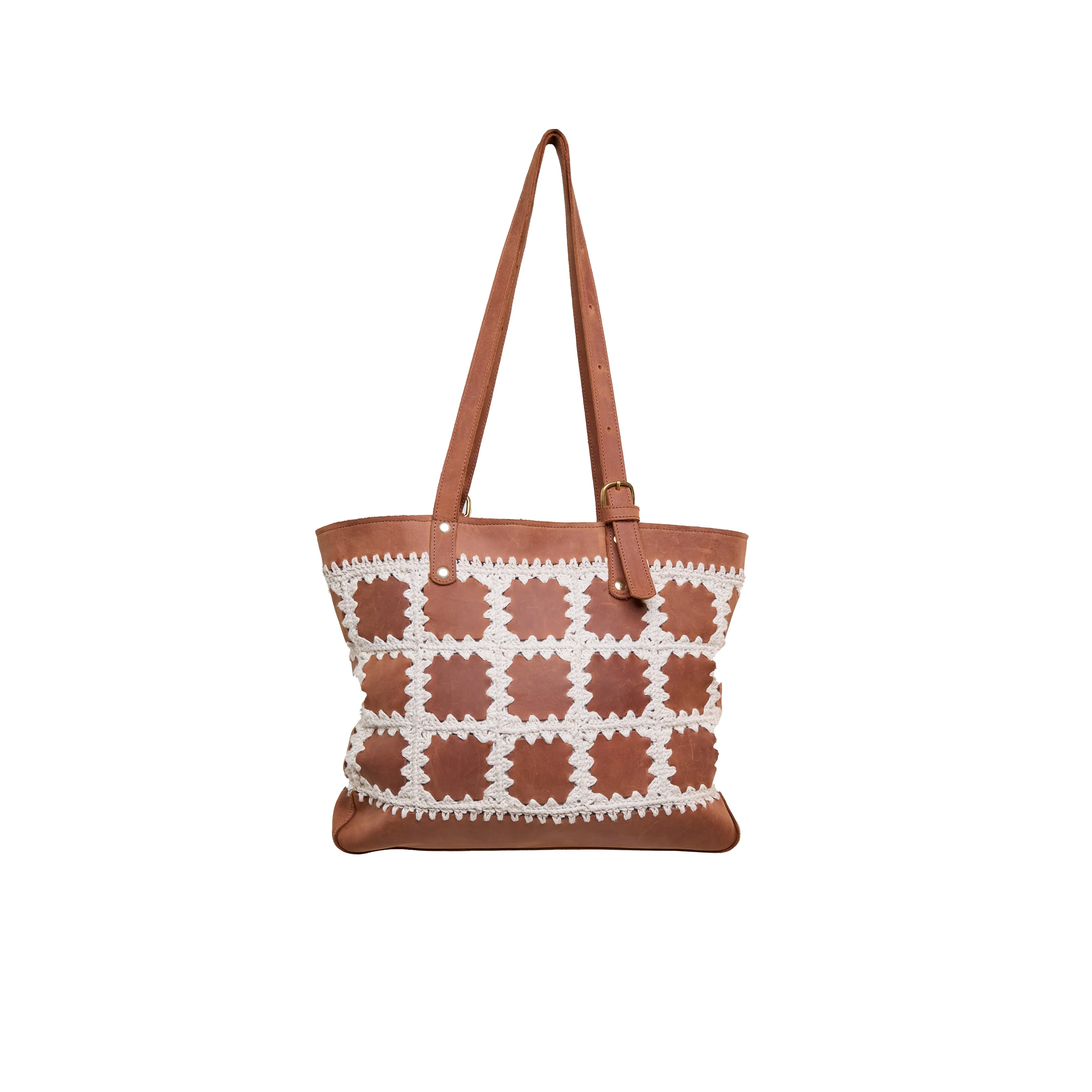 Pull-up Leather Crochet Patched tote