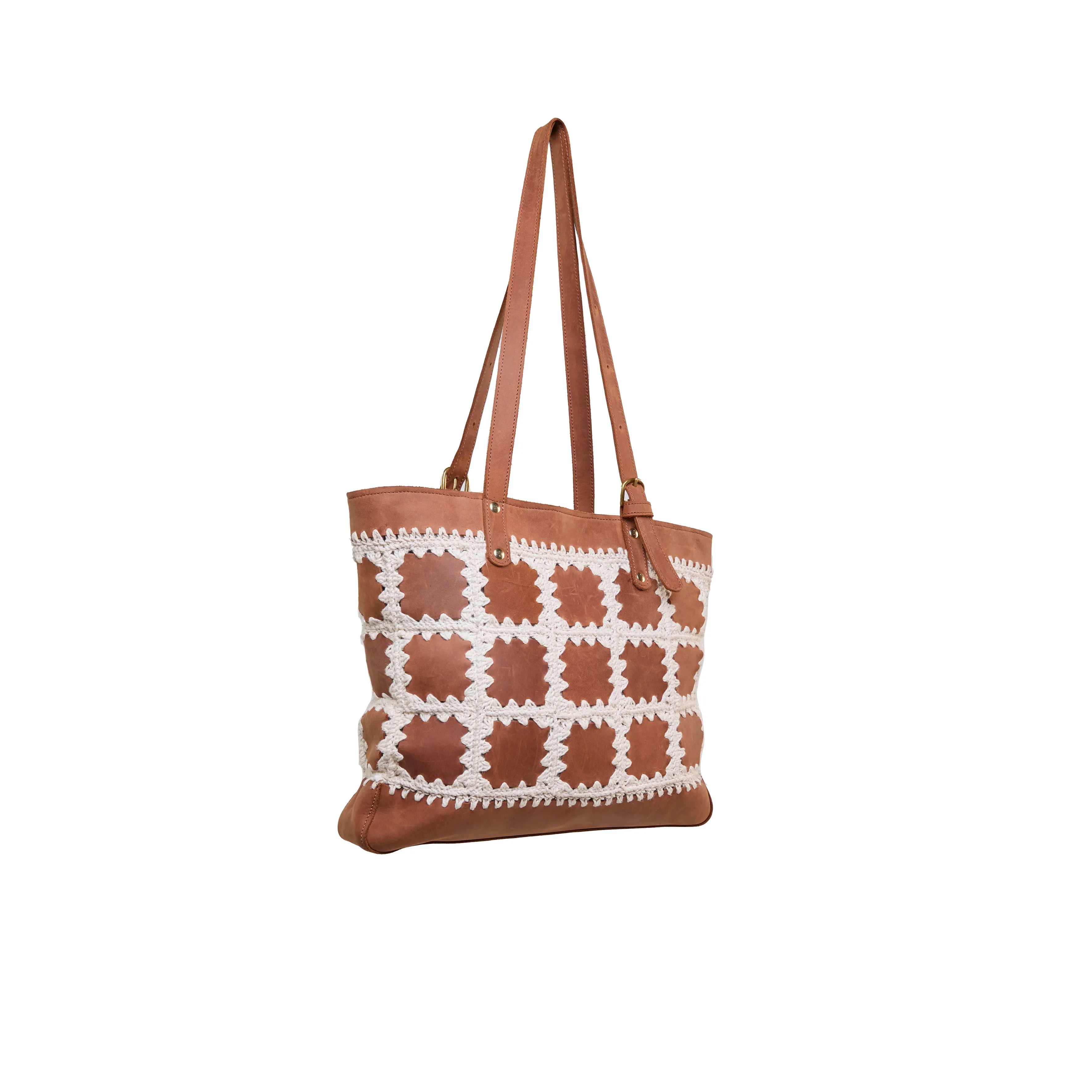 Pull-up Leather Crochet Patched tote