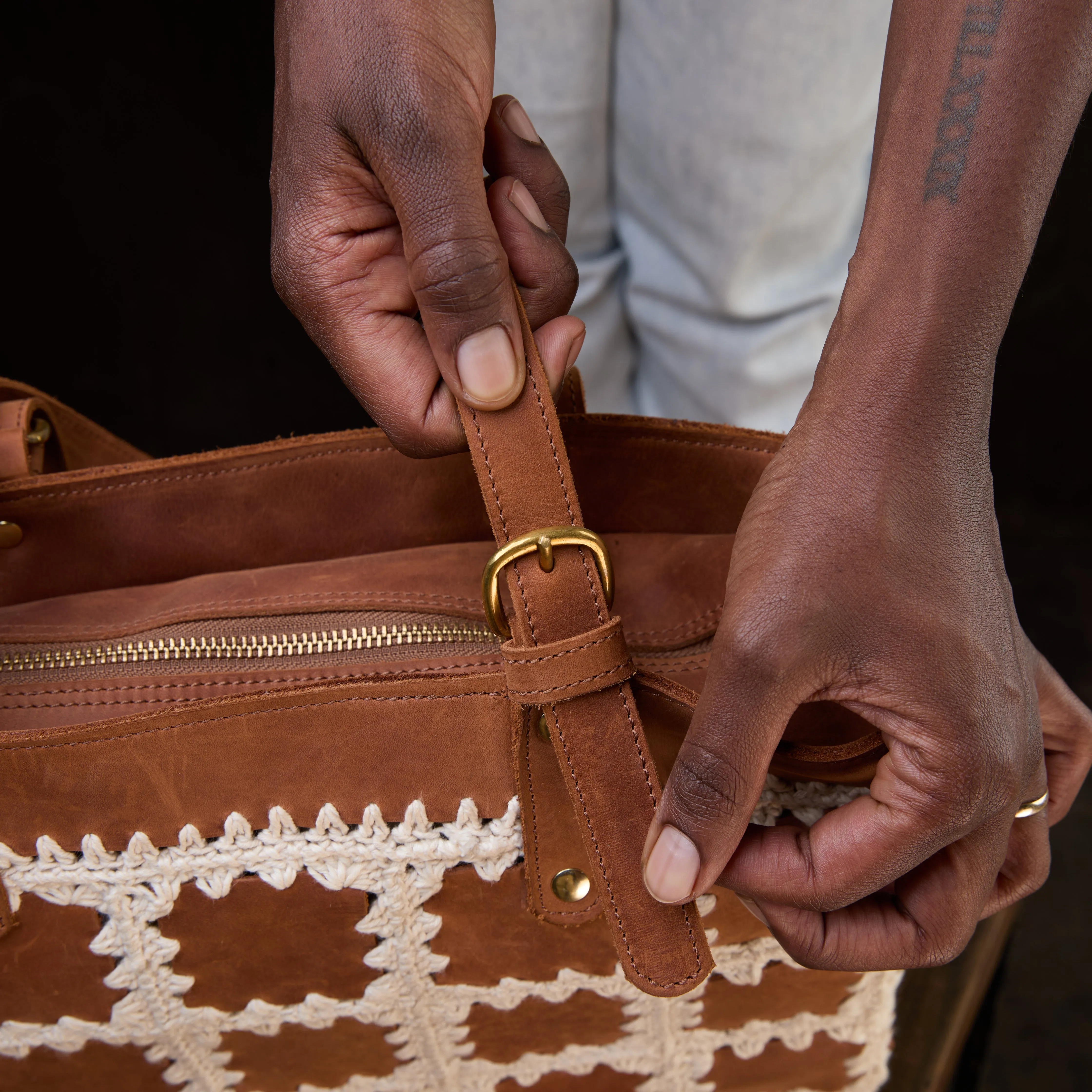 Pull-up Leather Crochet Patched tote