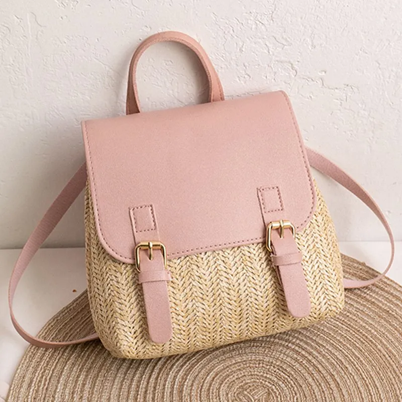 Vintage Straw Backpack Women's Fashion Shoulder Bag Versatile Straw Woven PU Leather Elegant Luxury Designer Small Backpack