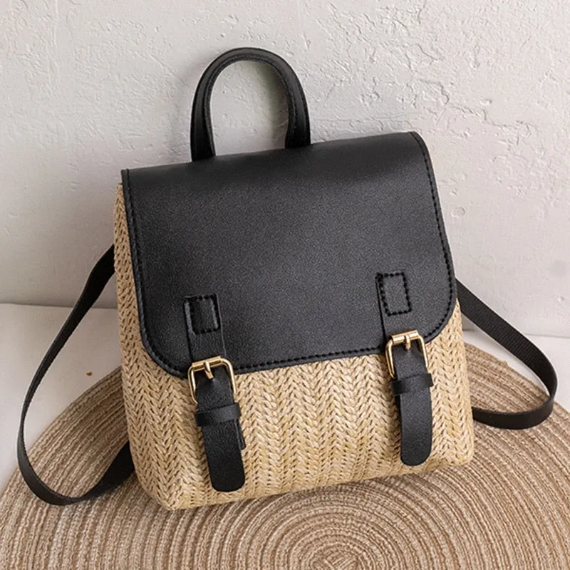 Vintage Straw Backpack Women's Fashion Shoulder Bag Versatile Straw Woven PU Leather Elegant Luxury Designer Small Backpack