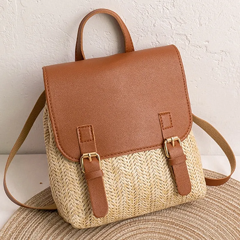 Vintage Straw Backpack Women's Fashion Shoulder Bag Versatile Straw Woven PU Leather Elegant Luxury Designer Small Backpack