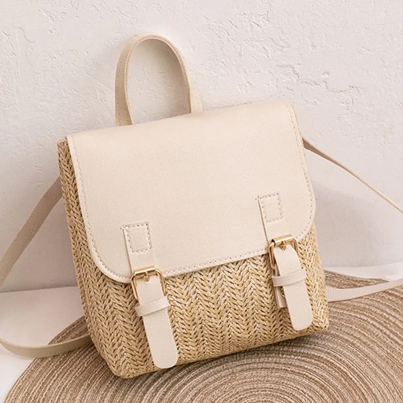 Vintage Straw Backpack Women's Fashion Shoulder Bag Versatile Straw Woven PU Leather Elegant Luxury Designer Small Backpack